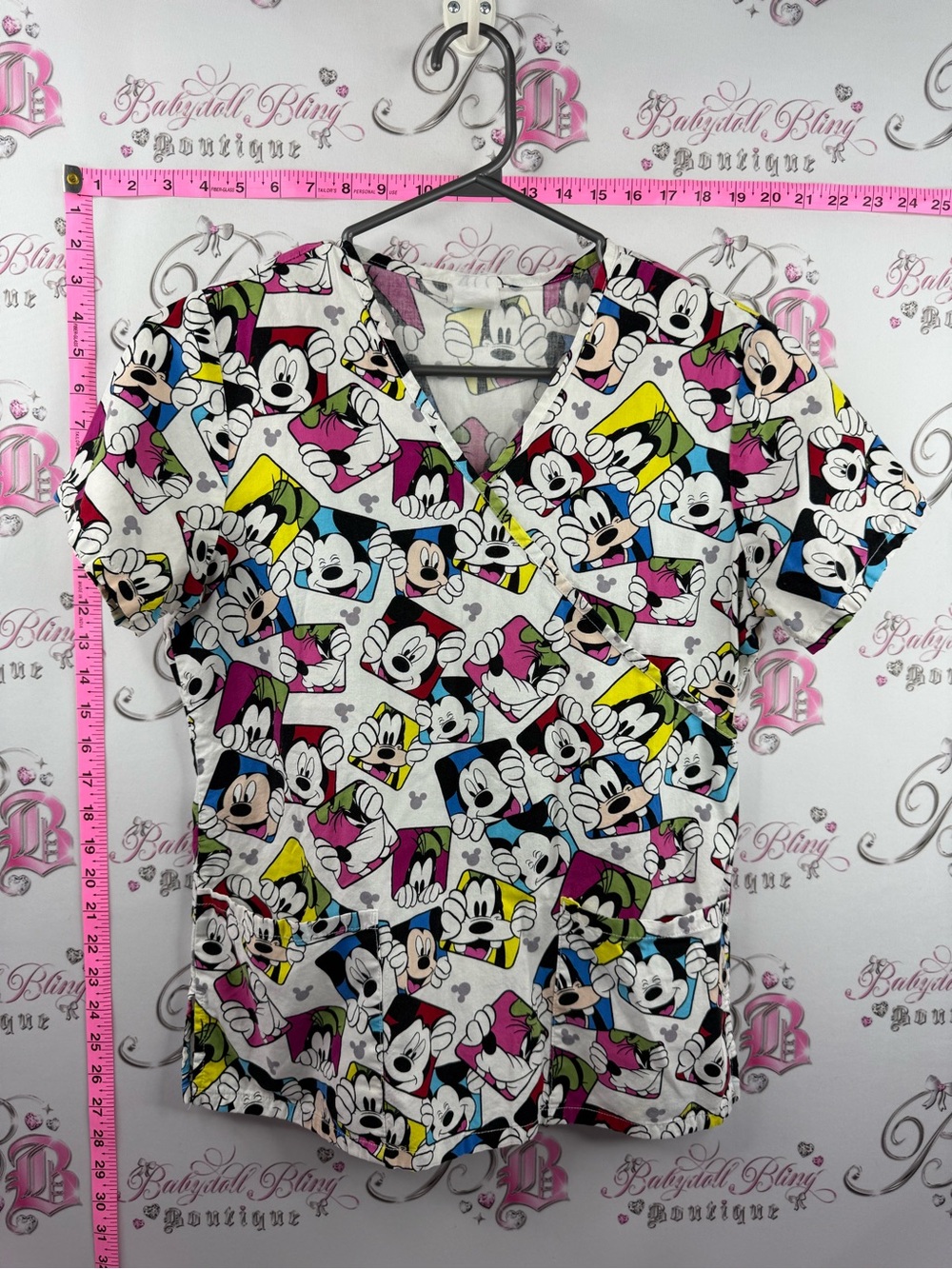 Disney scrubs top White Short Sleeve V-Neck Tee with Multicolor Mickey Print